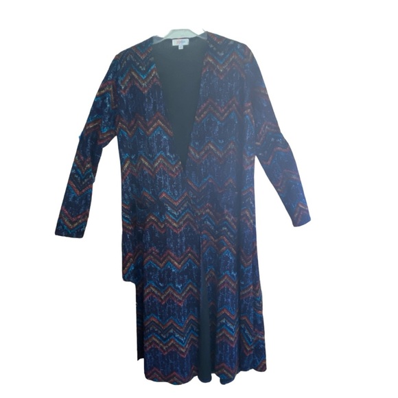 LulaRoe SARAH Blue & Black Chevron Knit Duster Cardigan Pockets Size XS - Picture 1 of 9